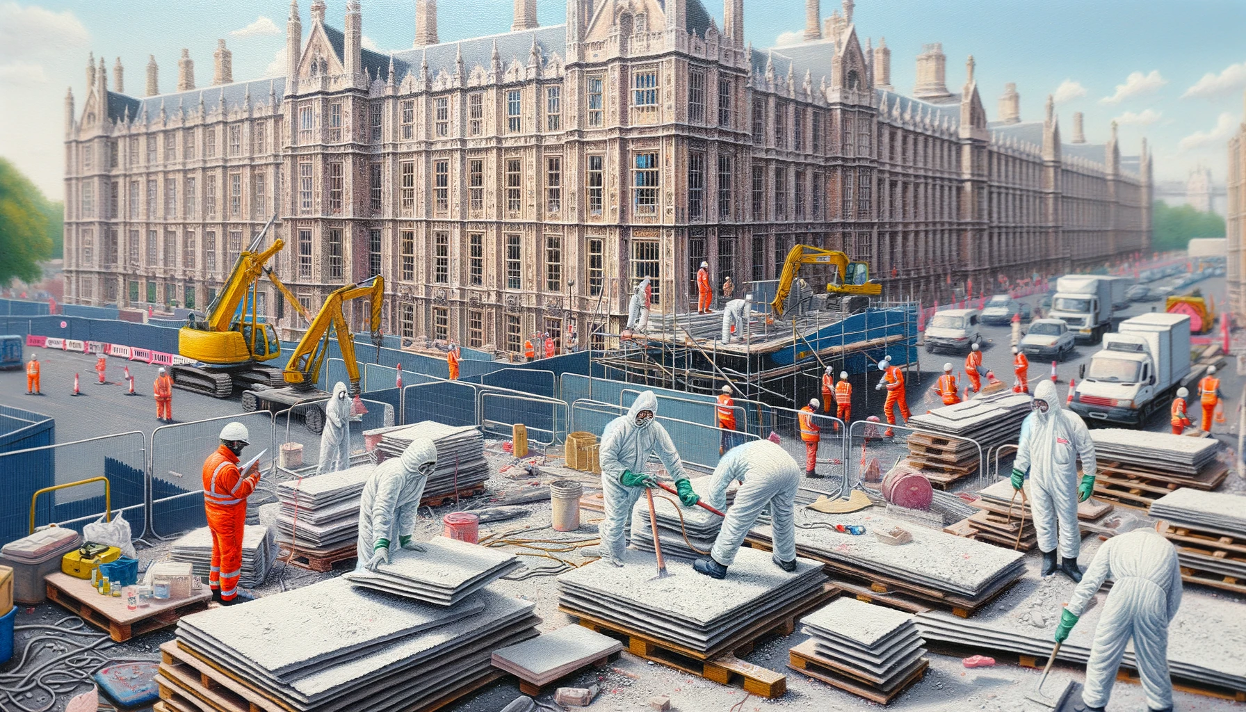 A detailed image of a construction site showing asbestos being handled, with less emphasis on the UK setting. The construction site should be bustling
